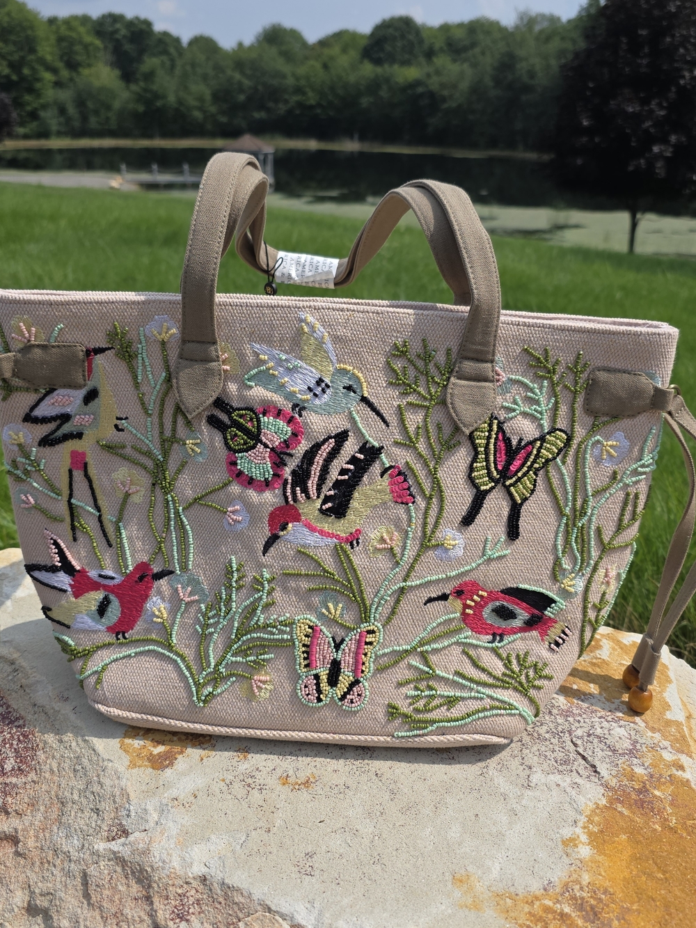 America & Beyond Embroidered Bird & Butterfly Tote in Blush Pink Boho Resort Nwt